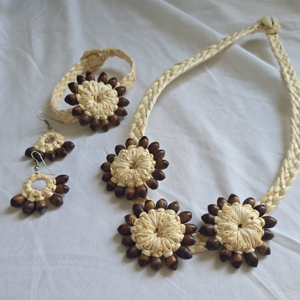 Handcrafted Cream and Brown Floral Raffia Jewelry Set